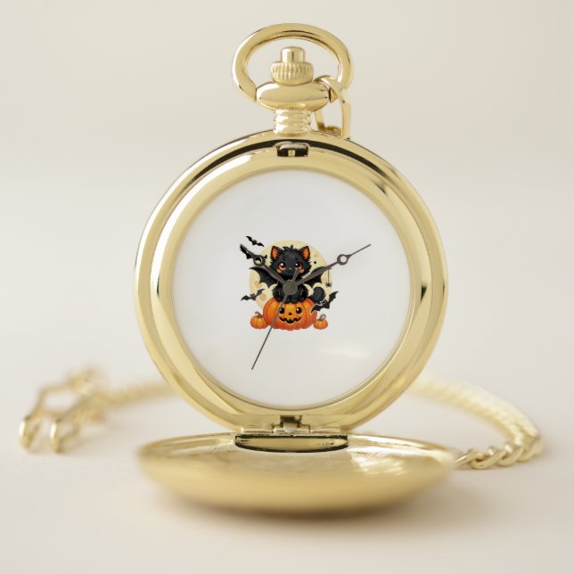 Cute Black Cat With Bat Wings Pumpkin Women Men Ha Pocket Watch (Inside)