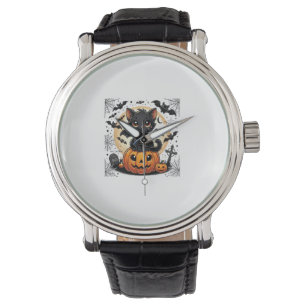 Cute Black Cat With Bat Wings Pumpkin Women Men Ha Watch
