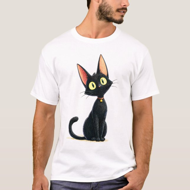 Cute Black Cat with Big Ears T-Shirt (Front)
