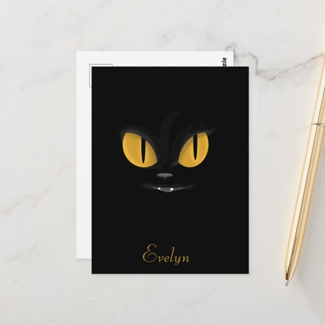 Cute Black Cat with Bright Yellow Eyes Postcard (Front/Back In Situ)