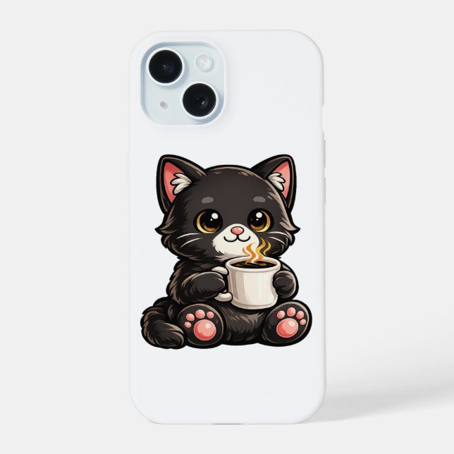 Cute Black Cat with Coffee Iphone Case (Back)
