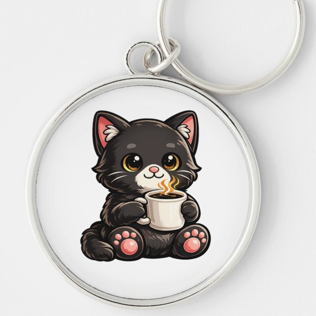 Cute Black Cat with Coffee Keychain (Front)