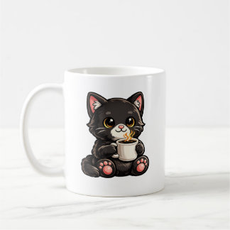 Cute Black Cat with Coffee Mug