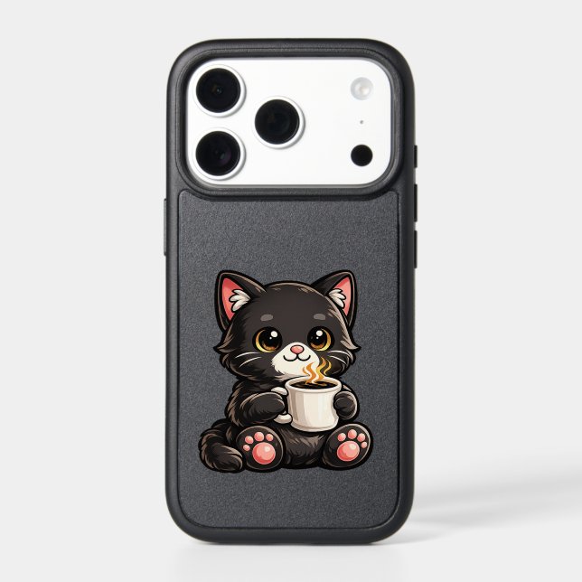Cute Black Cat with Coffee Otterbox iPhone Case (Back)