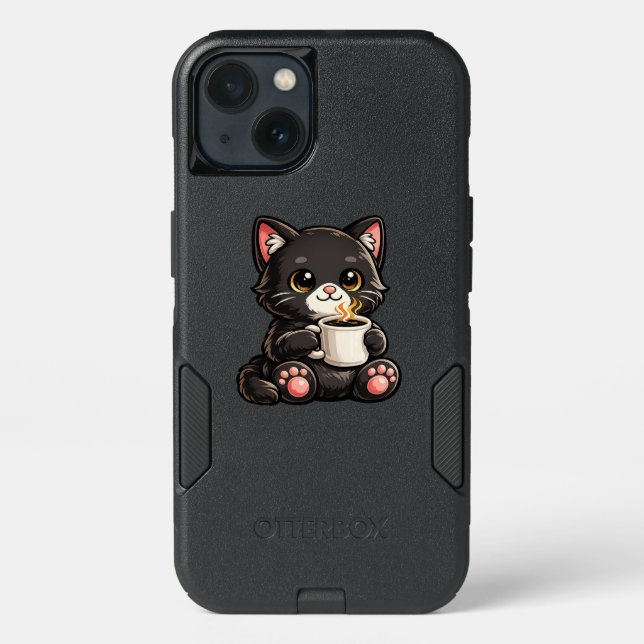 Cute Black Cat with Coffee Otterbox iPhone Case (Back)