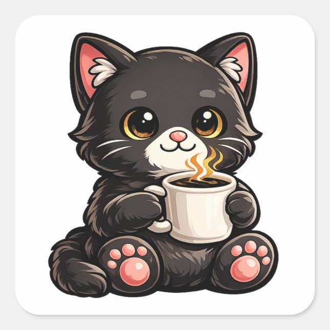 Cute Black Cat with Coffee Square Sticker (Front)