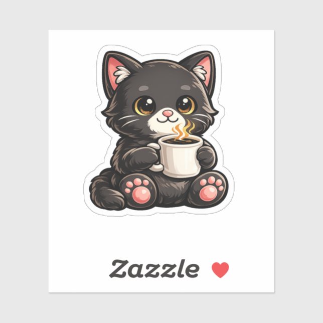 Cute Black Cat with Coffee Sticker (Sheet)