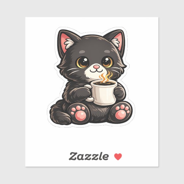 Cute Black Cat with Coffee Sticker (Sheet)