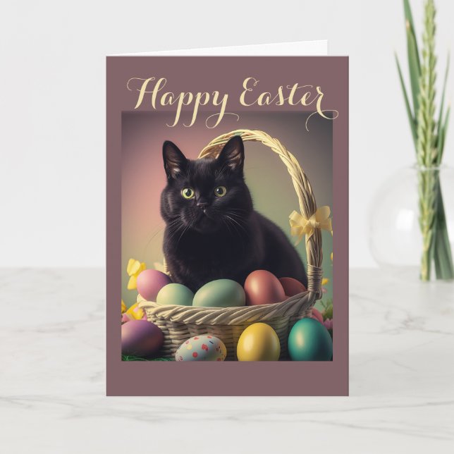 Cute Black Cat with Easter Eggs in Easter Basket Holiday Card (Front)