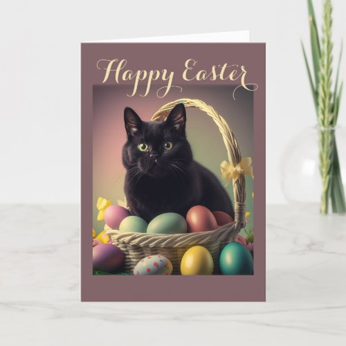 Cute Black Cat with Easter Eggs in Easter Basket Holiday Card