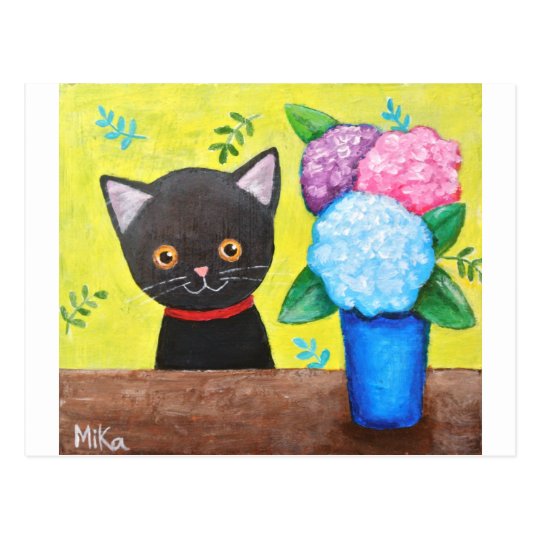Cute Black Cat With Flowers Kitty Cat Folk Art Postcard