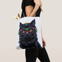 Cute black cat with glasses and headphones