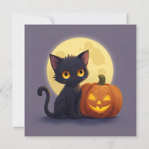 Cute Black Cat with Glowing Carved Pumpkin Invitation