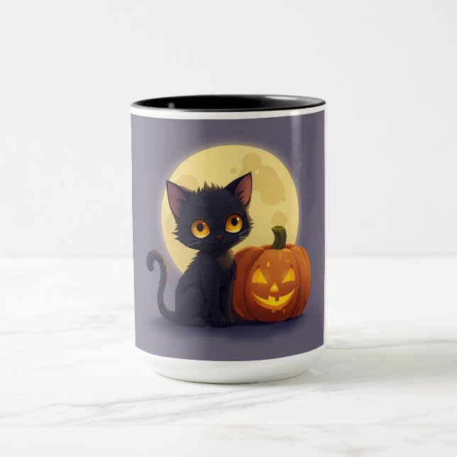 Cute Black Cat with Glowing Carved Pumpkin Mug (Center)