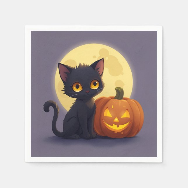 Cute Black Cat with Glowing Carved Pumpkin  Napkins (Front)