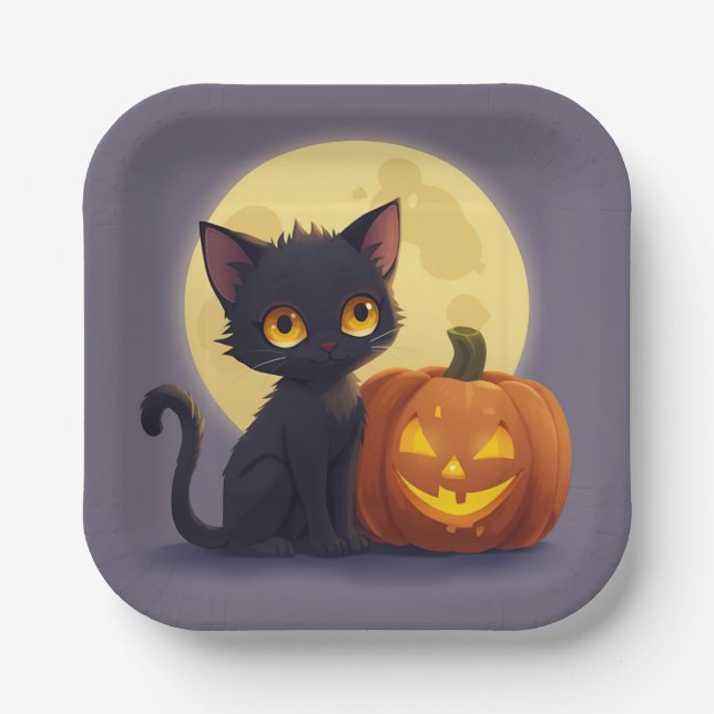Cute Black Cat with Glowing Carved Pumpkin  Paper Plates (Front)