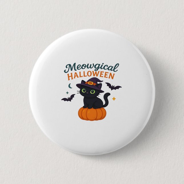Cute Black Cat with Glowing Green Eyes on Pumpkin  Button (Front)