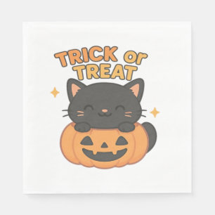 Cute Black Cat with Glowing Green Eyes on Pumpkin  Napkins