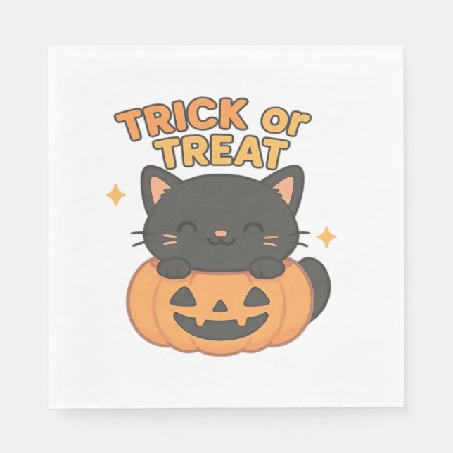 Cute Black Cat with Glowing Green Eyes on Pumpkin  Napkins (Front)