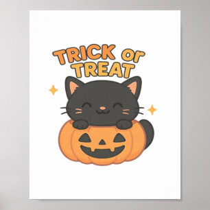 Cute Black Cat with Glowing Green Eyes on Pumpkin  Poster
