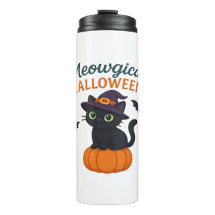 Cute Black Cat with Glowing Green Eyes on Pumpkin  Thermal Tumbler
