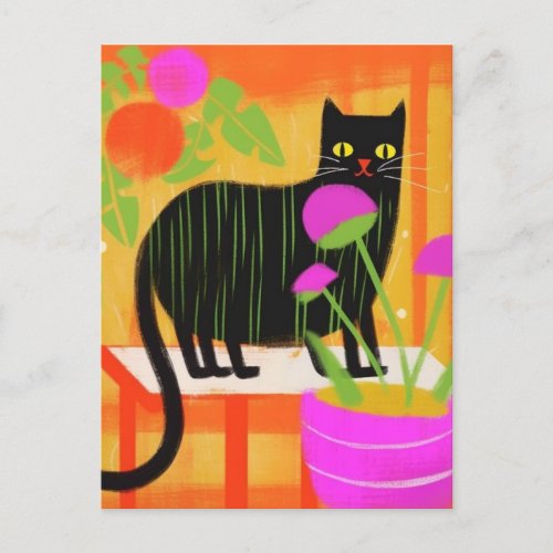 Cute Black Cat with Green Stripes in Houseplants Postcard