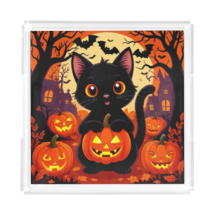 Cute Black Cat with Halloween Pumpkins Acrylic Tray