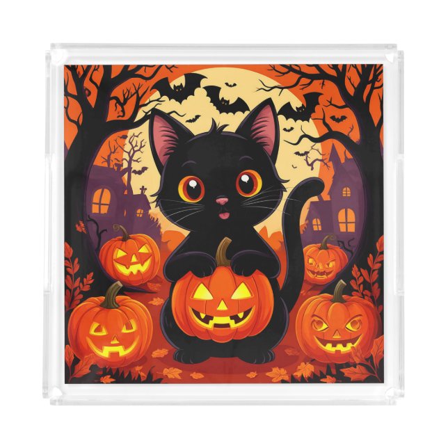 Cute Black Cat with Halloween Pumpkins Acrylic Tray (Front)