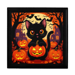 Cute Black Cat with Halloween Pumpkins Gift Box