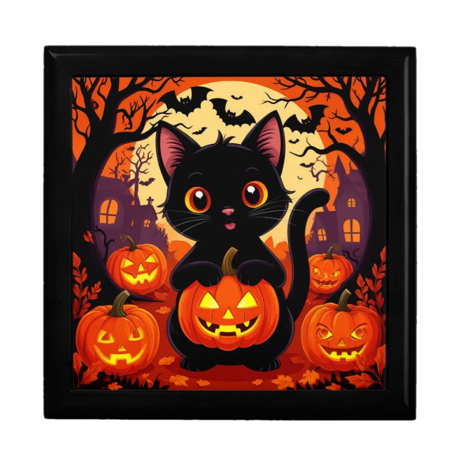 Cute Black Cat with Halloween Pumpkins Gift Box (Front)