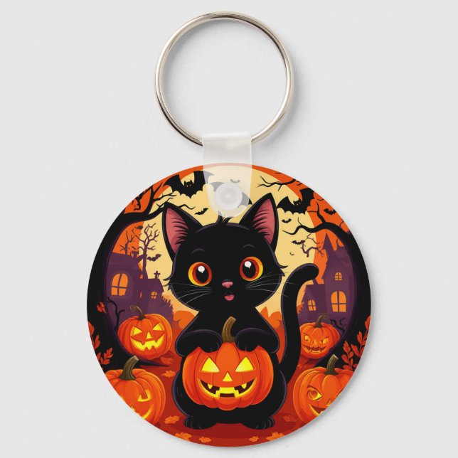 Cute Black Cat with Halloween Pumpkins Keychain (Front)
