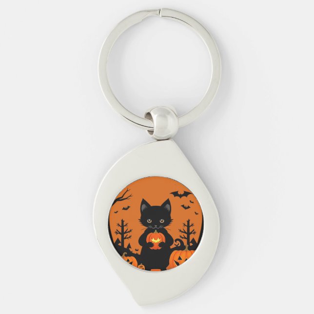 Cute Black Cat with Halloween Pumpkins Keychain (Front)