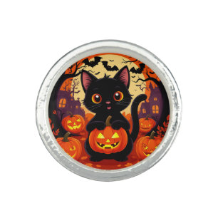 Cute Black Cat with Halloween Pumpkins Ring