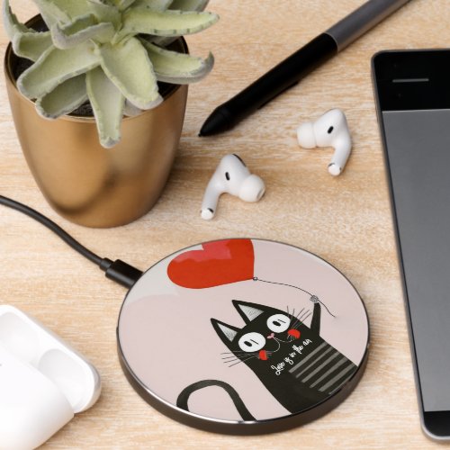 Cute Black Cat with Heart Balloon Wireless Charger