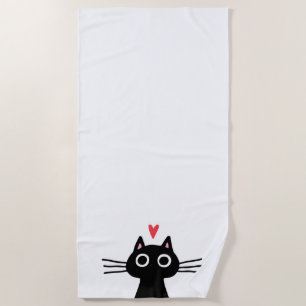 Cute Black Cat with Heart Beach Towel