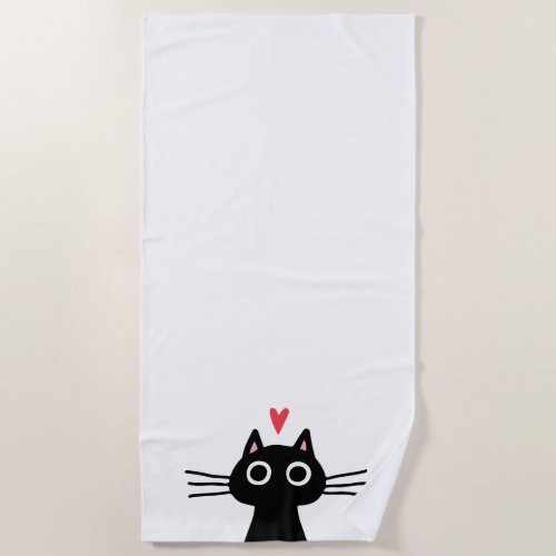 Cute Black Cat with Heart Beach Towel