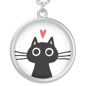Cute Black Cat with Heart | Quirky Kitten Silver Plated Necklace