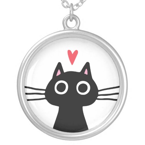 Cute Black Cat with Heart  Quirky Kitten Silver Plated Necklace