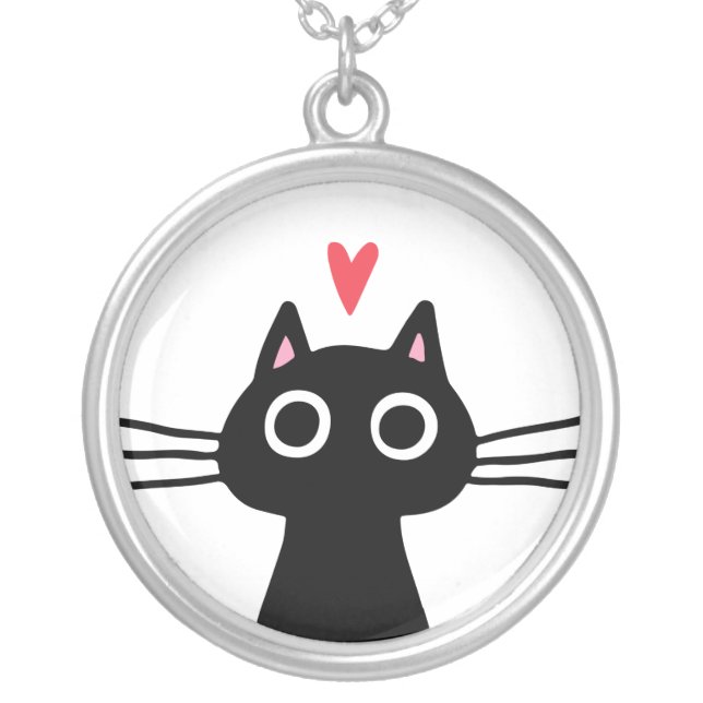 Cute Black Cat with Heart | Quirky Kitten Silver Plated Necklace (Front)
