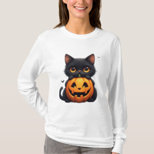 Cute Black Cat With Jack O Lantern Pumpkin T-Shirt