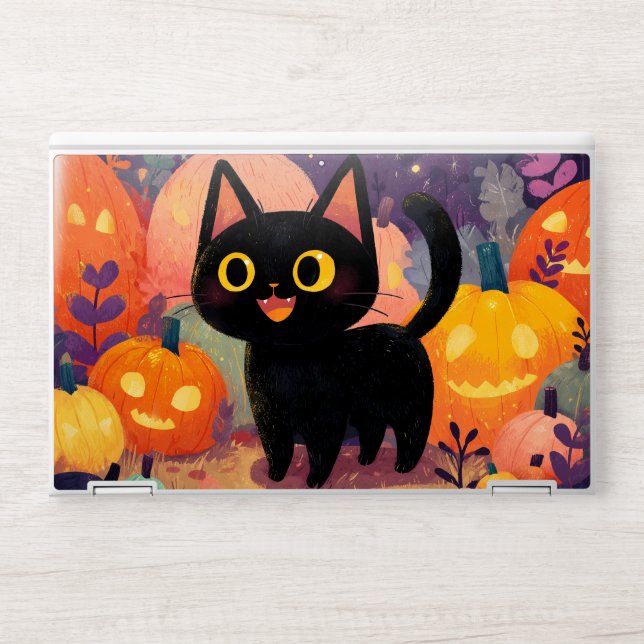 Cute Black Cat with Jack-o’-Lanterns - Laptop Skin (Front)
