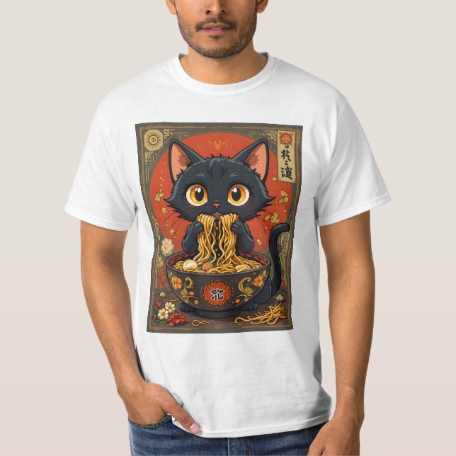 Cute Black Cat with Noodles T-Shirt (Front)