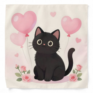 Cute black cat with pink hearts and flowers bandana