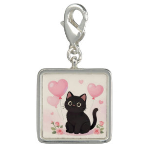 Cute black cat with pink hearts and flowers charm