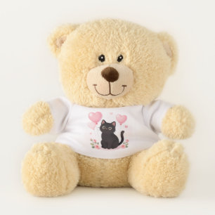 Cute black cat with pink hearts and flowers teddy bear