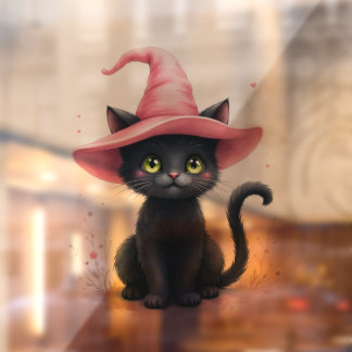 Cute Black Cat with Pink Witch Hat Halloween Windo Window Cling