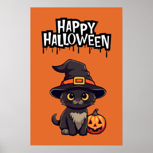 Cute Black Cat  With Pumpkin Jack O Lantern Poster