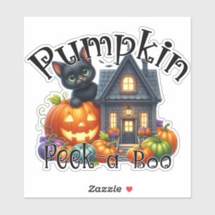 Cute Black Cat with Pumpkin Peek-a-Boo Halloween Sticker
