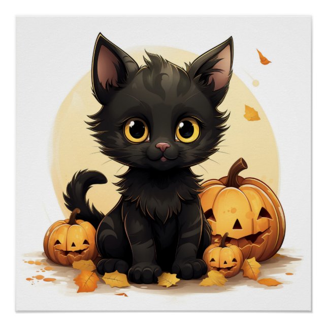Cute Black Cat with Pumpkins Poster (Front)