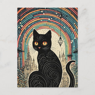 Cute Black Cat with Rainbow in the City Postcard
